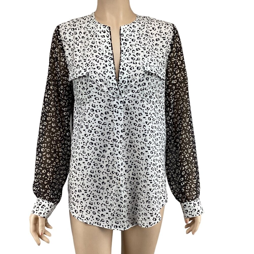 Zoa New York Womens Top Leopard Print Blouse Size 8 With Sheer Long‎ Sleeves